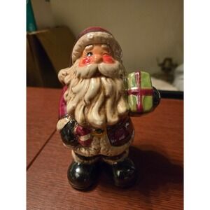 Vintage Ceramic Winking Santa Claus Figurine Holding Gift Christmas Decor Glossy